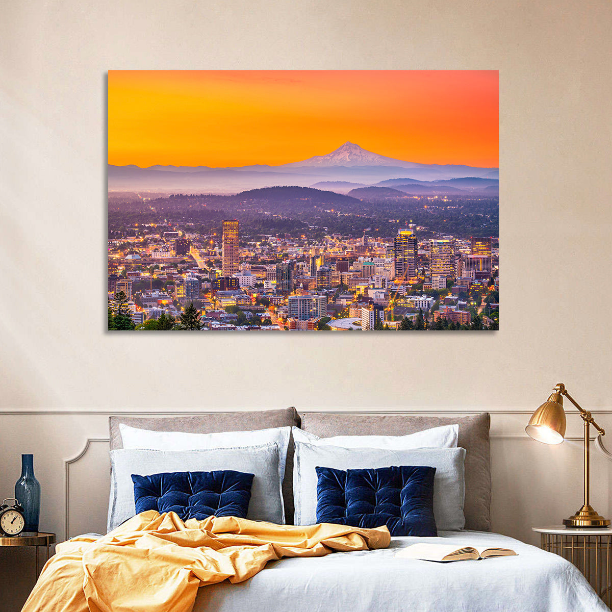 Mount Hood Over Portland Skyline Wall Art in a room, landscape