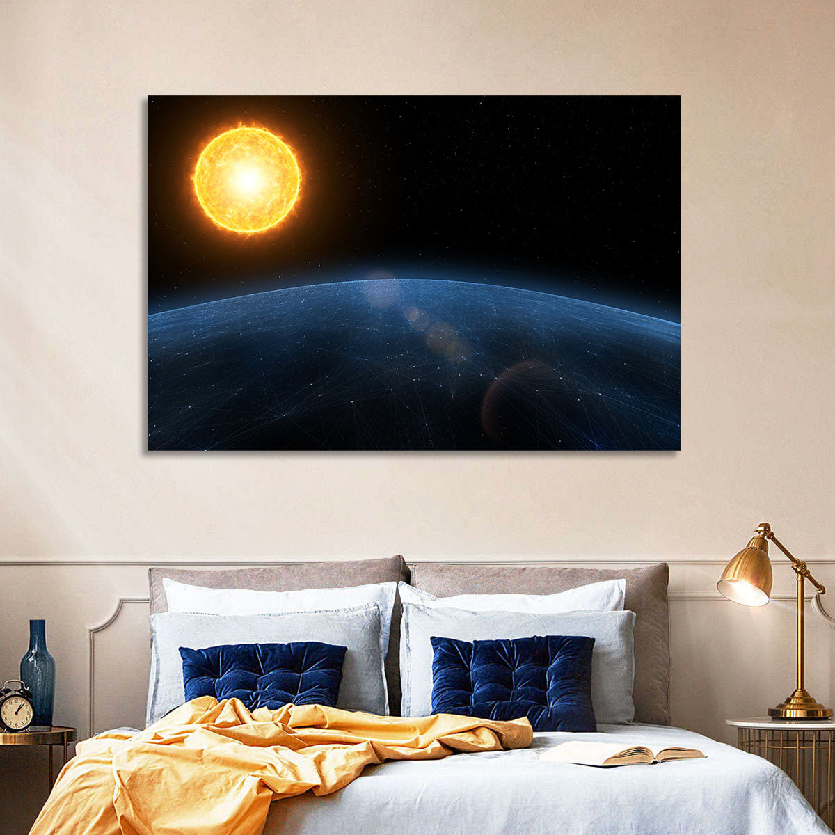 Alien Planet and Sun Wall Art in a room, landscape