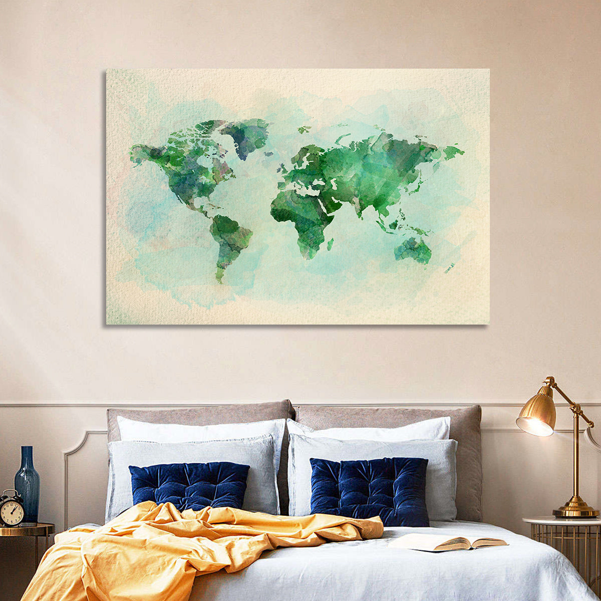 Green Watercolor World Map Wall Art in a room, landscape