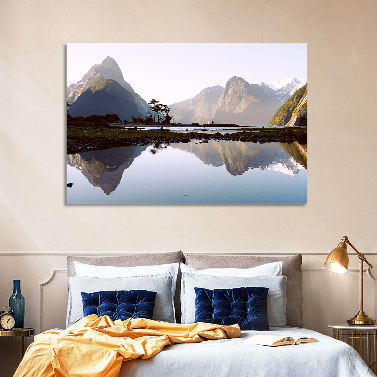 Mitre Peak Reflection at Milford Sound Wall Art in a room, landscape