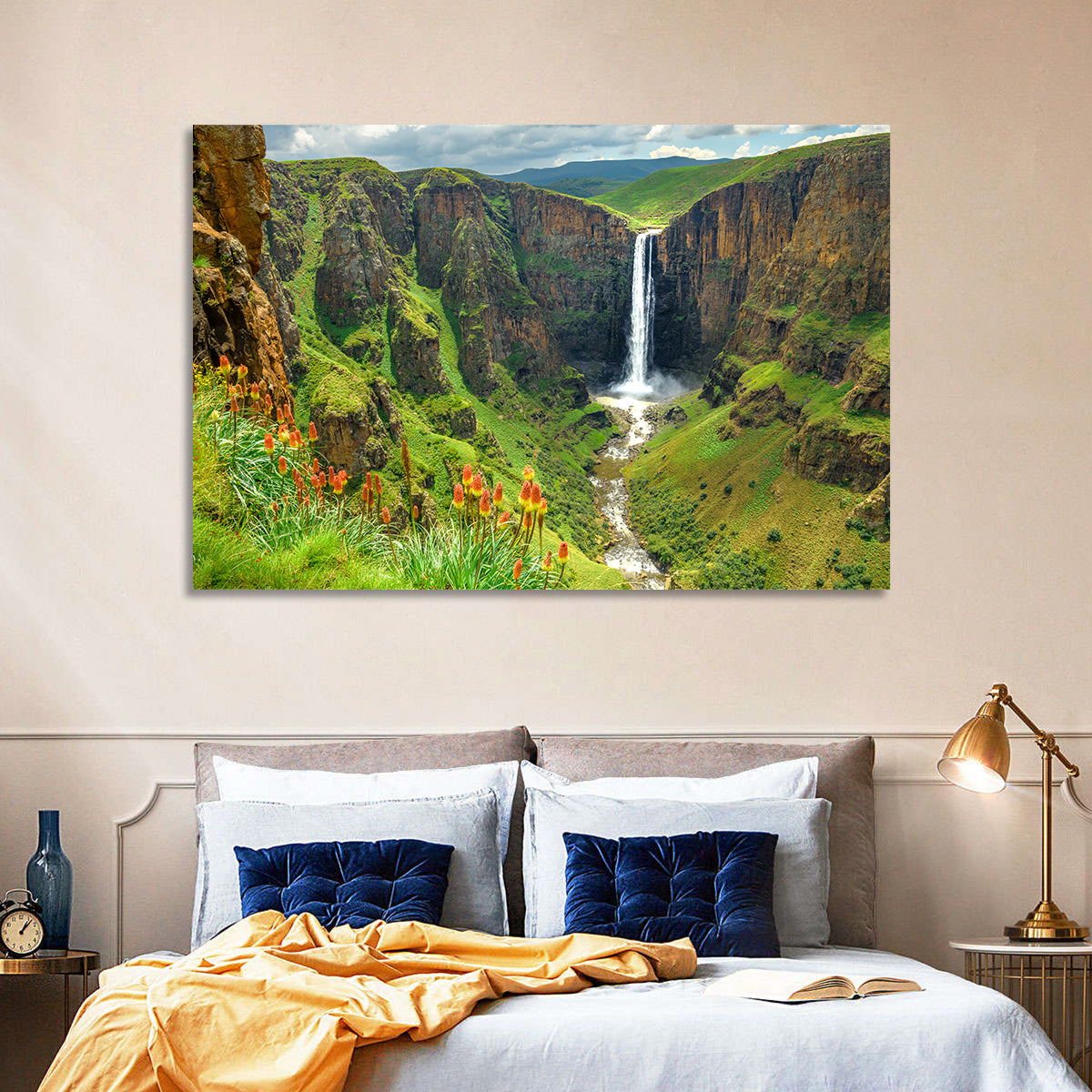 Maletsunyane Falls with Torch Lilies Wall Art in a room, landscape