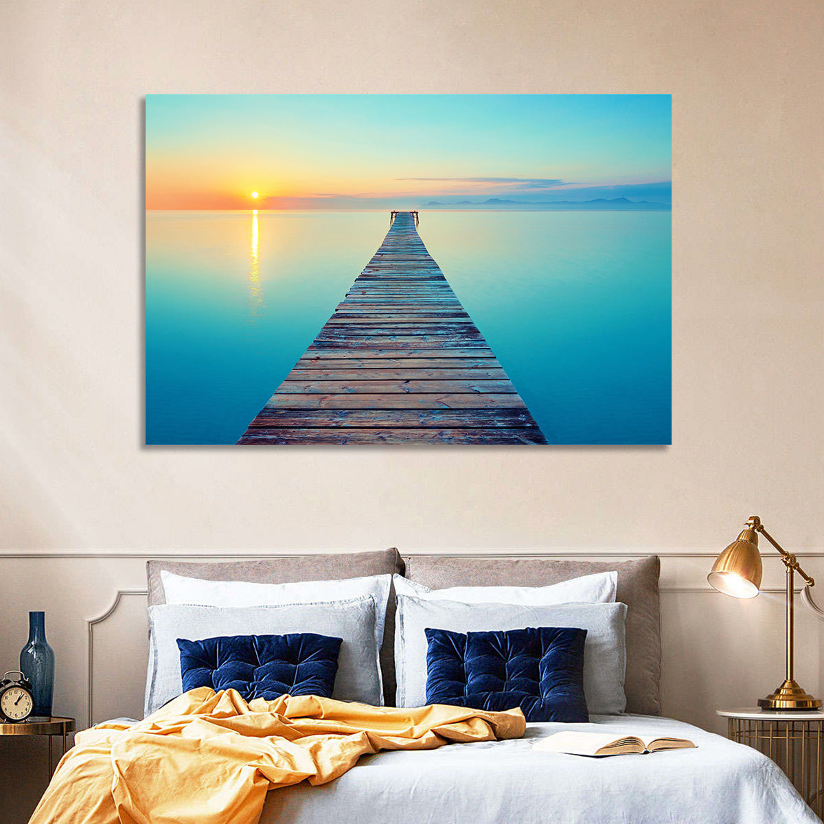 Wooden Footbridge at Sunset Wall Art in a room, landscape