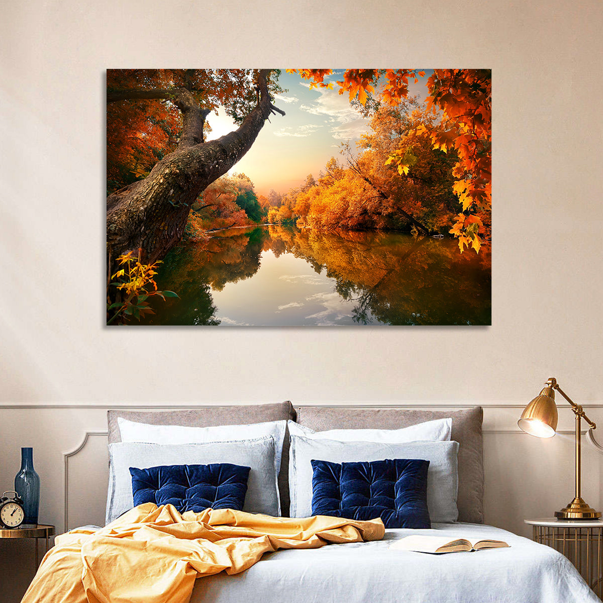 Golden Autumn River Reflections Wall Art in a room, landscape