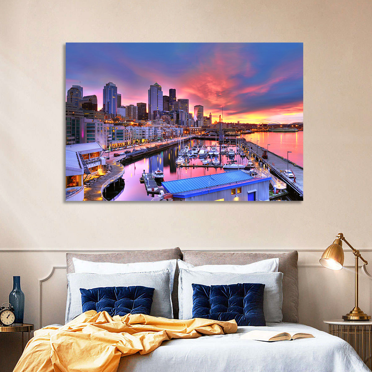 Seattle Skyline at Sunset Wall Art in a room, landscape