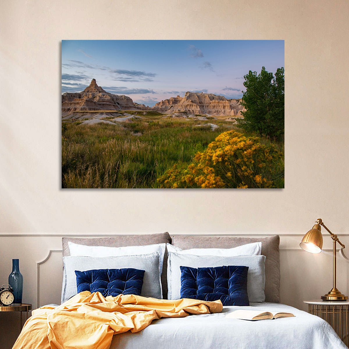 Badlands Golden Hour Meadow Wall Art in a room, landscape