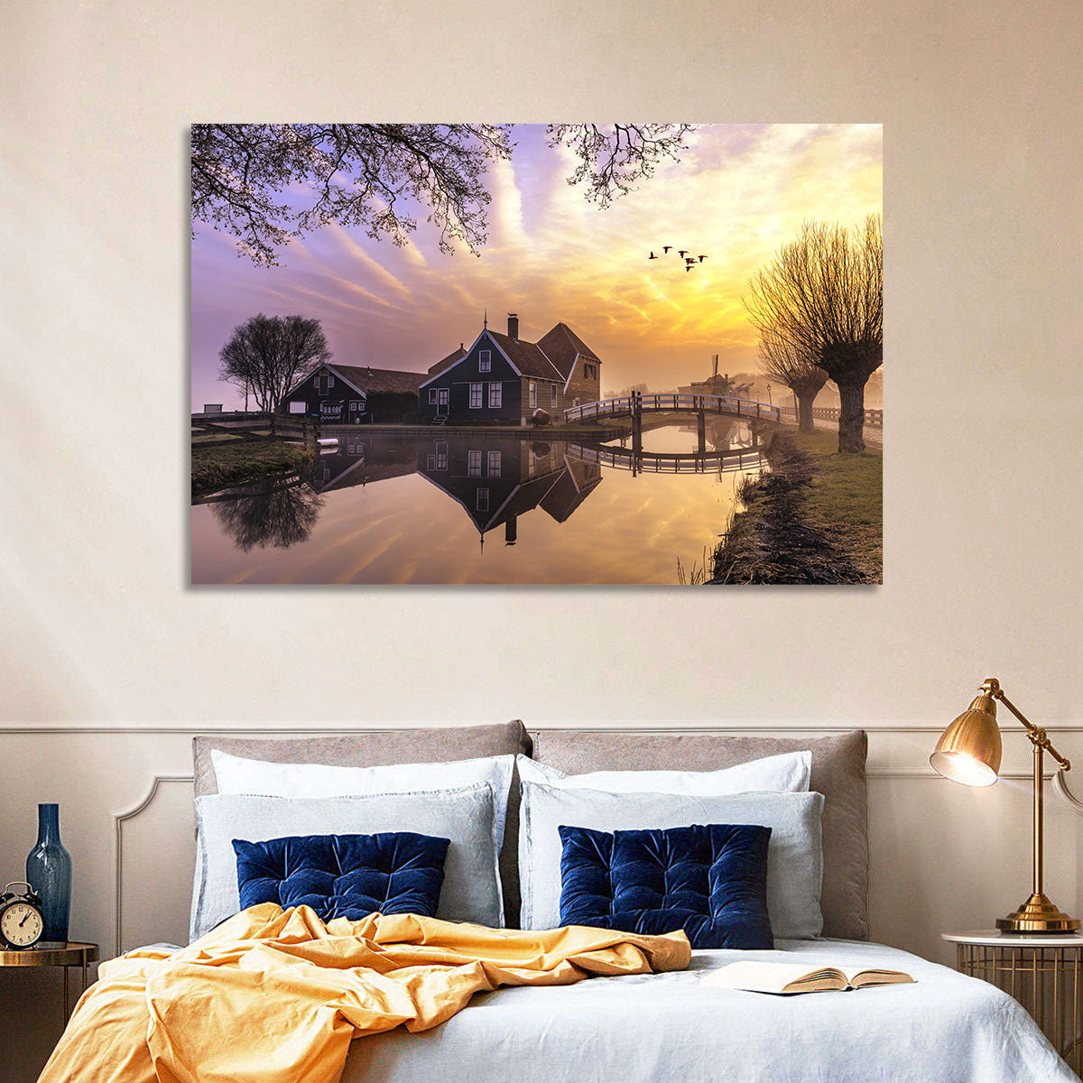 Dutch Canal House at Sunset Wall Art in a room, landscape