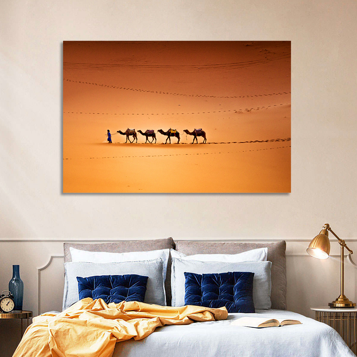 Sahara Camel Caravan Wall Art in a room, landscape