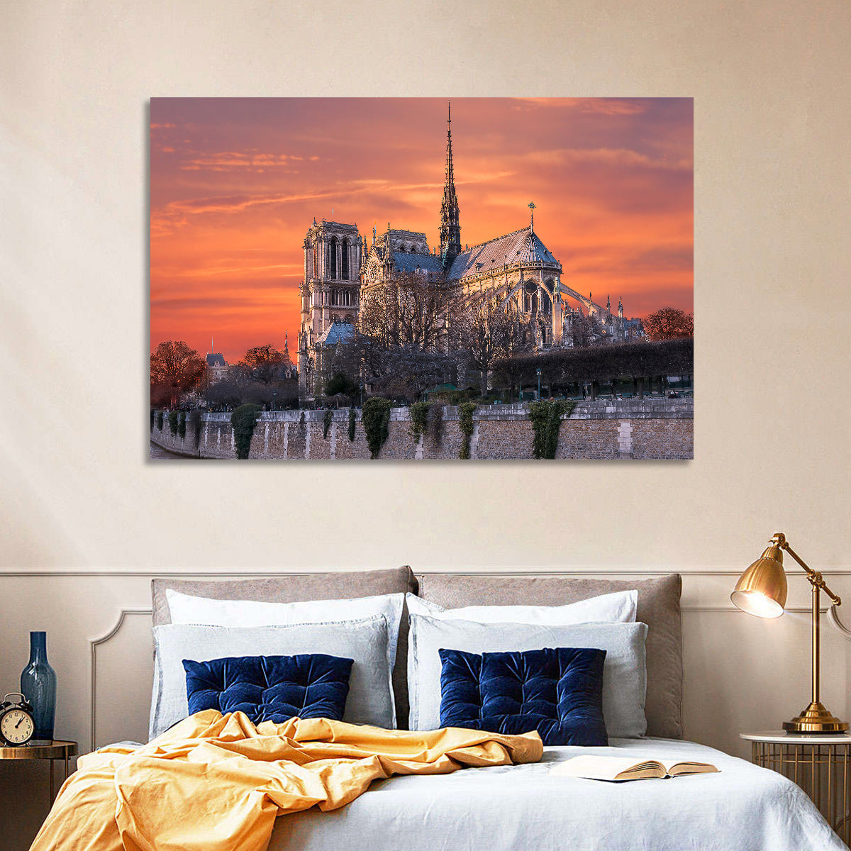 Notre-dame Cathedral at Golden Hour Wall Art in a room, landscape