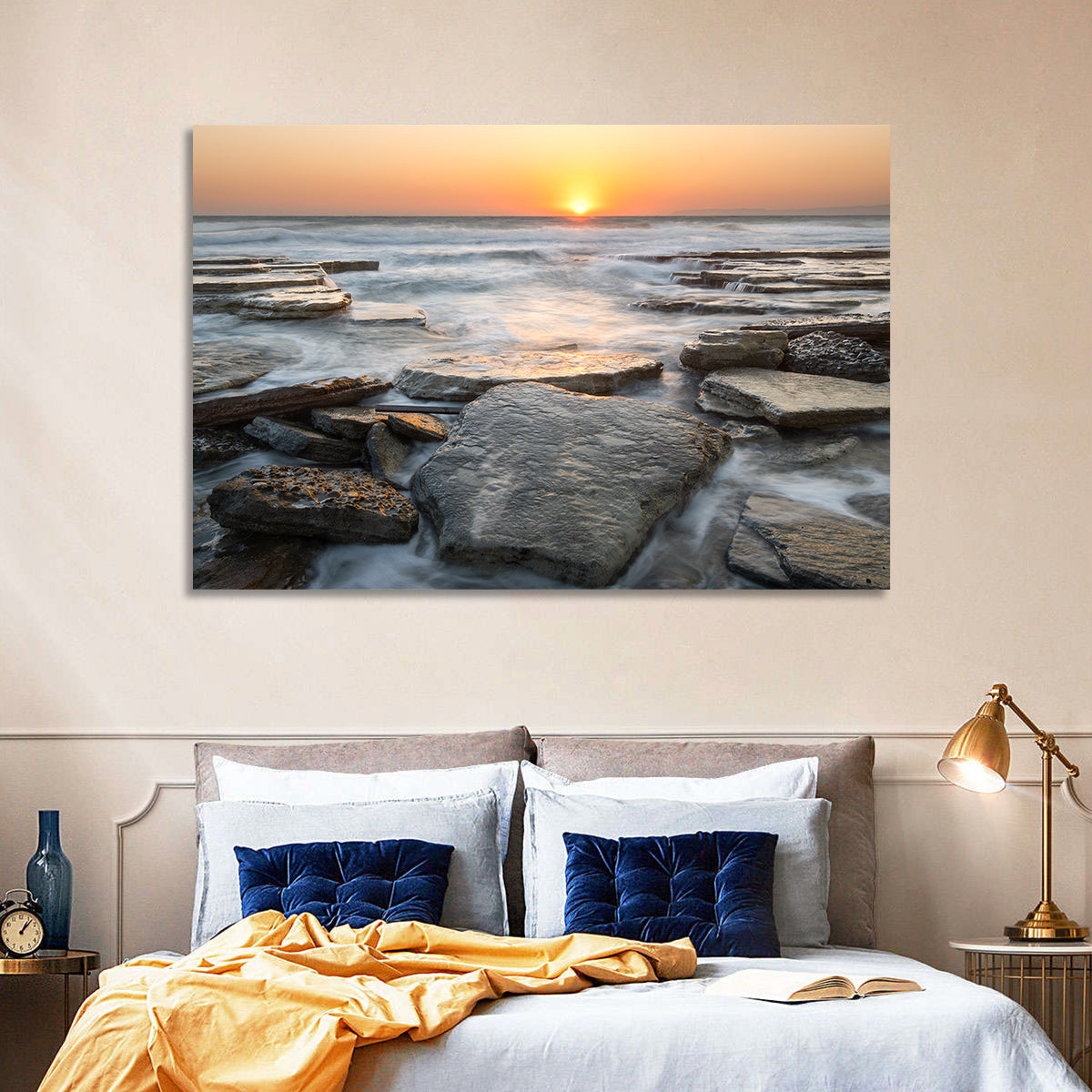 Golden Hour Rock Shoreline Sunset Wall Art in a room, landscape