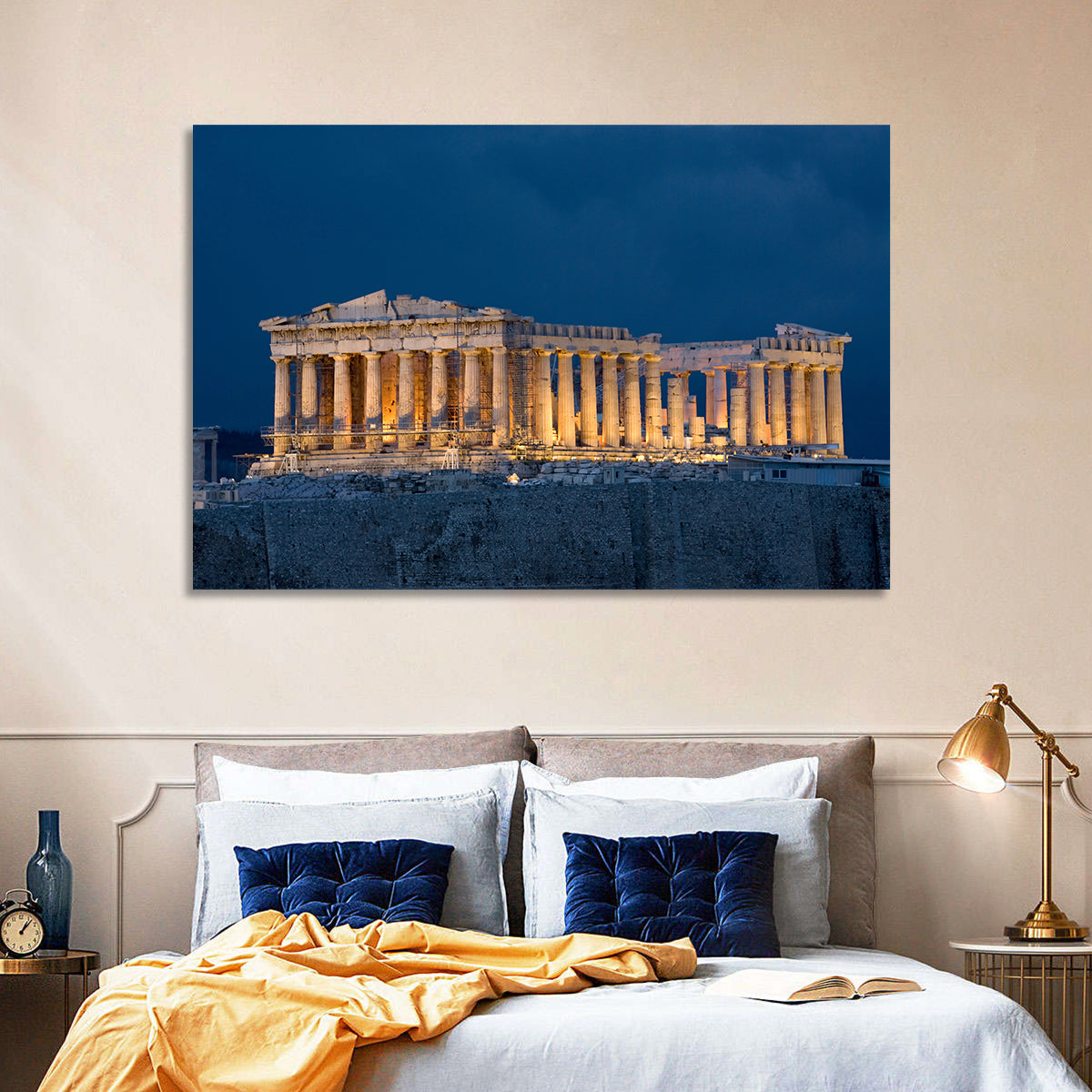 Illuminated Parthenon at Night Wall Art in a room, landscape