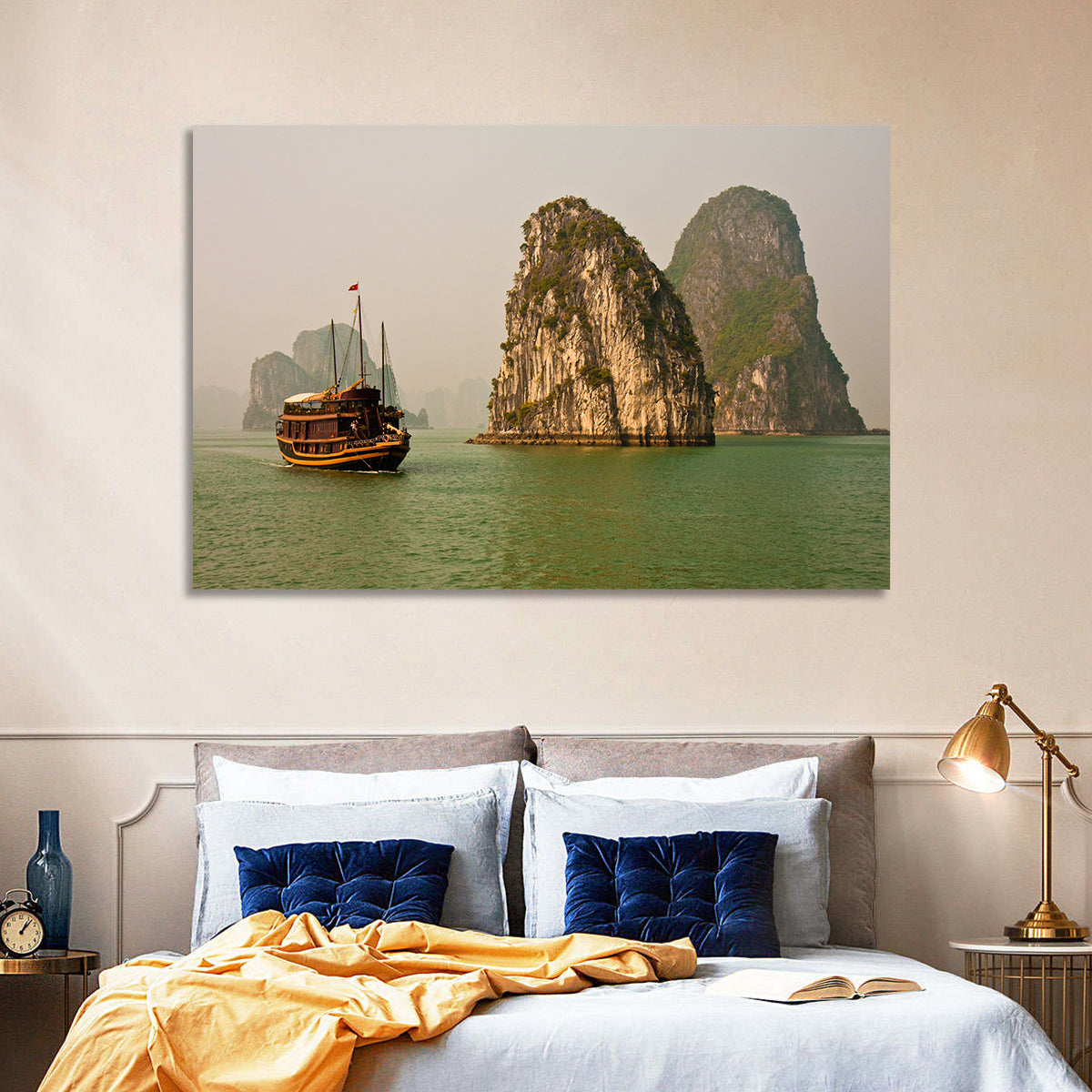 Ha Long Bay Junk Boat and Karst Cliffs Wall Art in a room, landscape