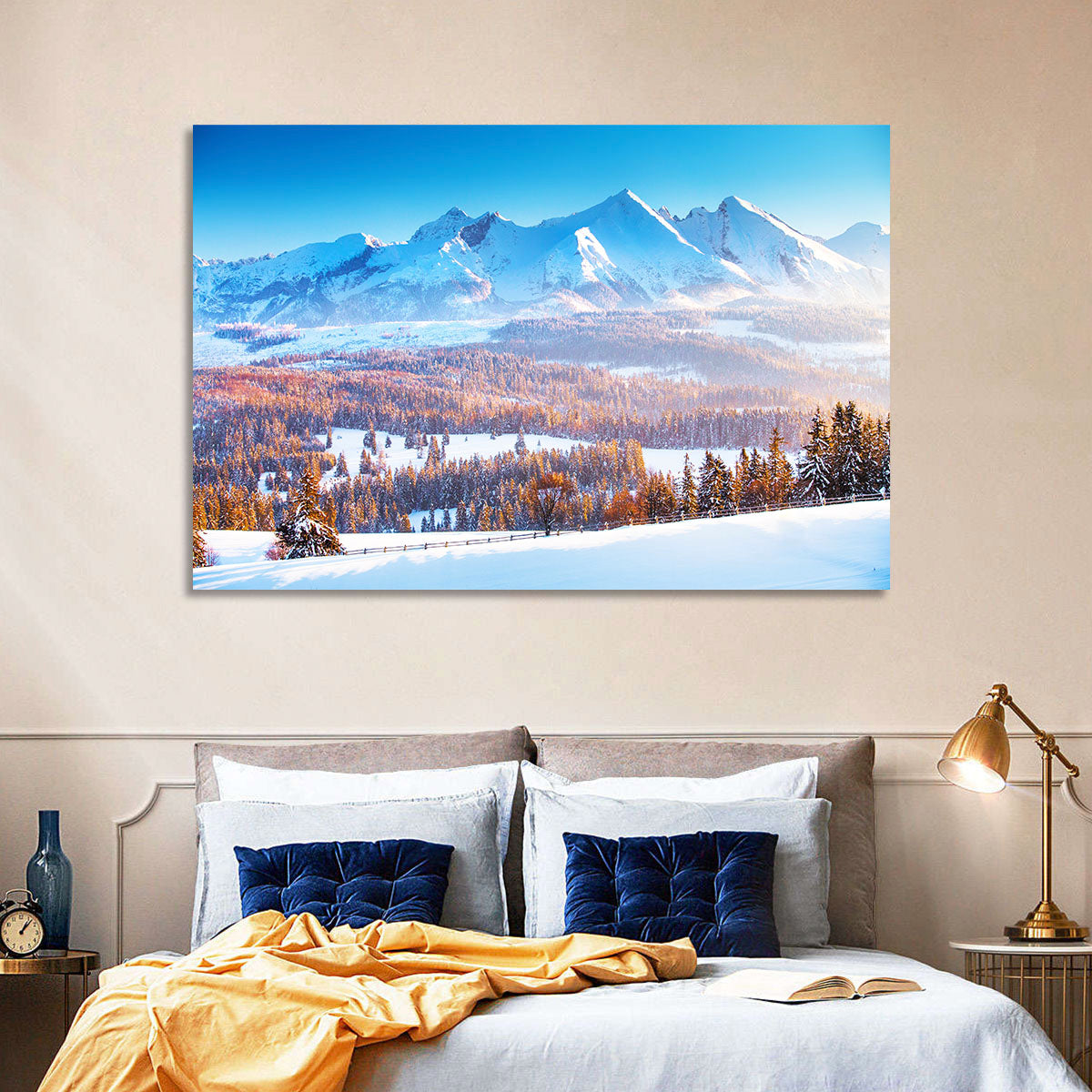 Snowy Mountain Peaks at Sunrise Wall Art in a room, landscape