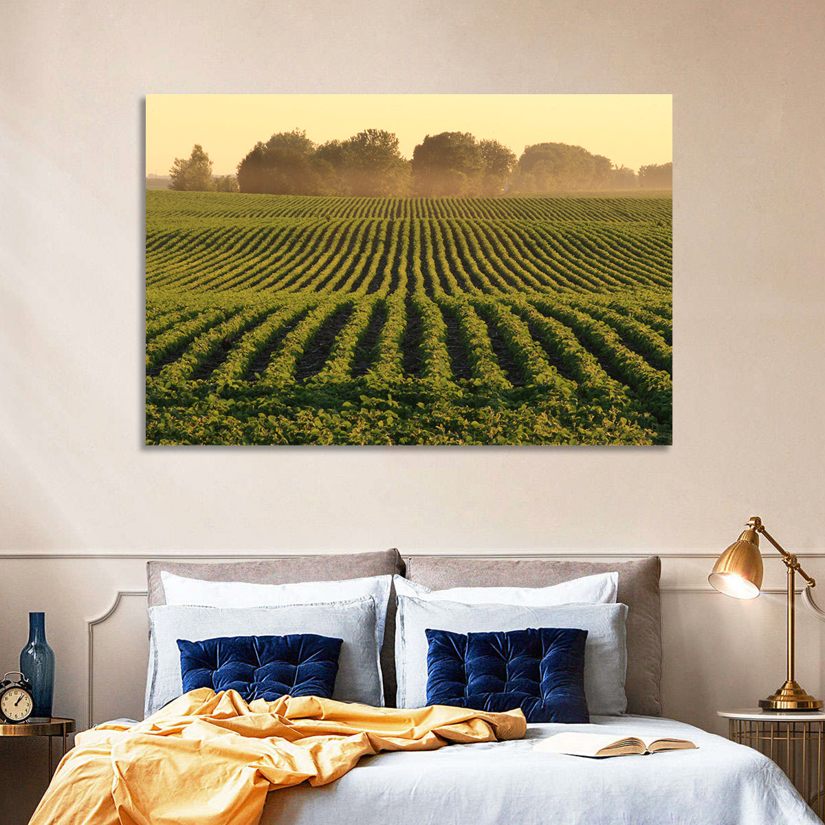 Misty Soybean Field at Dusk Wall Art