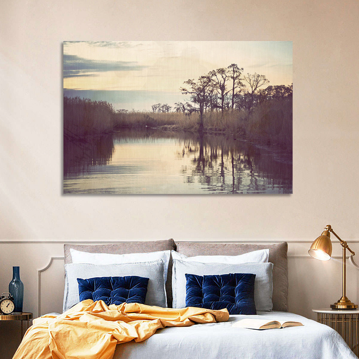 Louisiana Cypress Swamp at Dusk Wall Art in a room, landscape