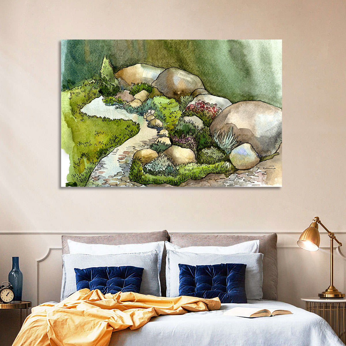 Watercolor Rock Garden Stream Wall Art