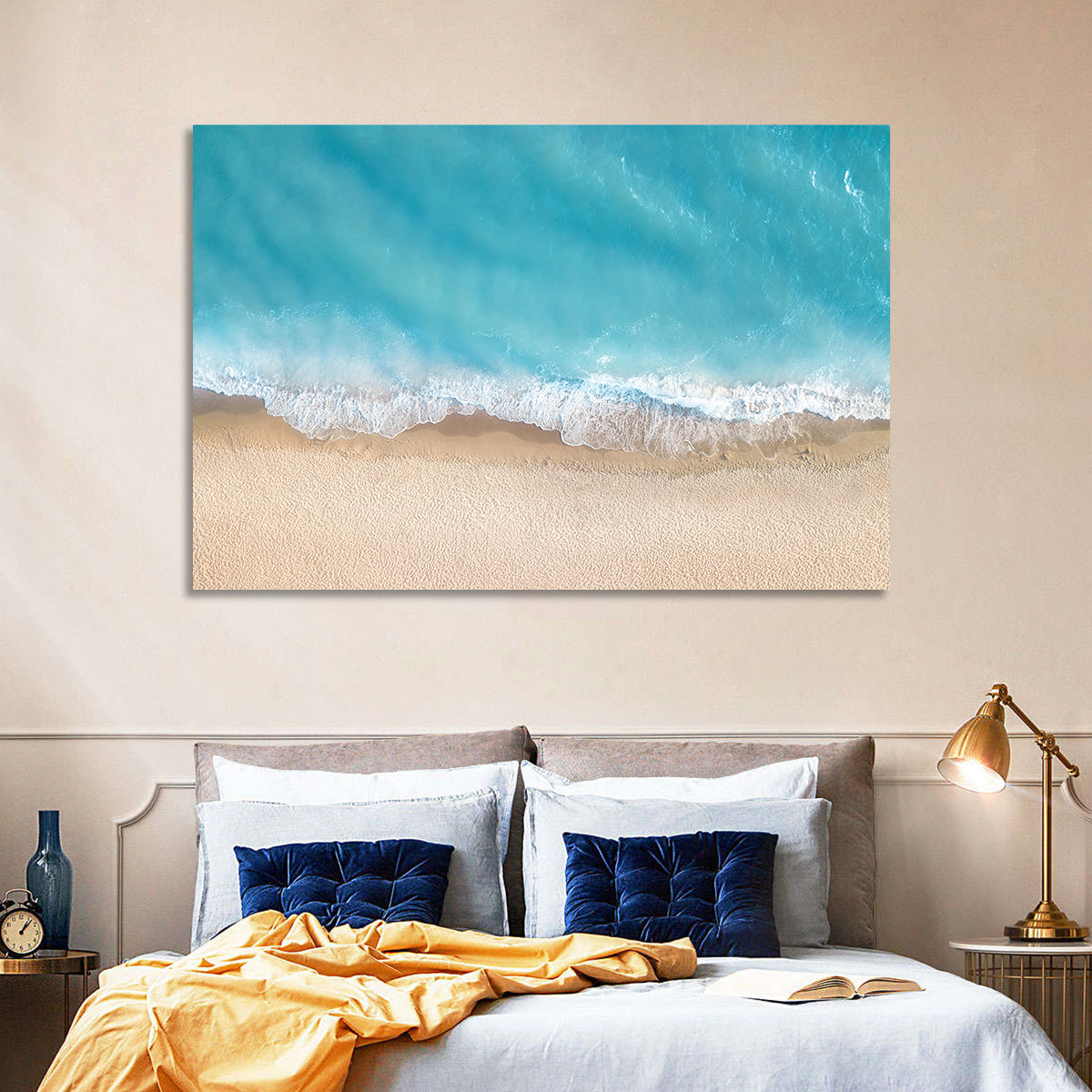 Top-down Turquoise Beachscape Wall Art in a room, landscape