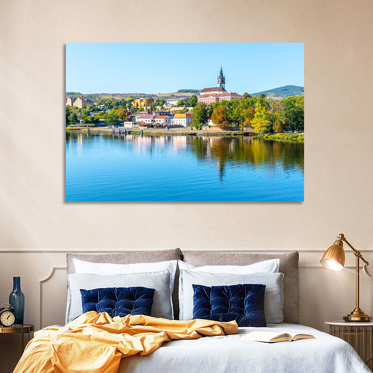 Roudnice Castle Riverbank Reflections Wall Art in a room, landscape