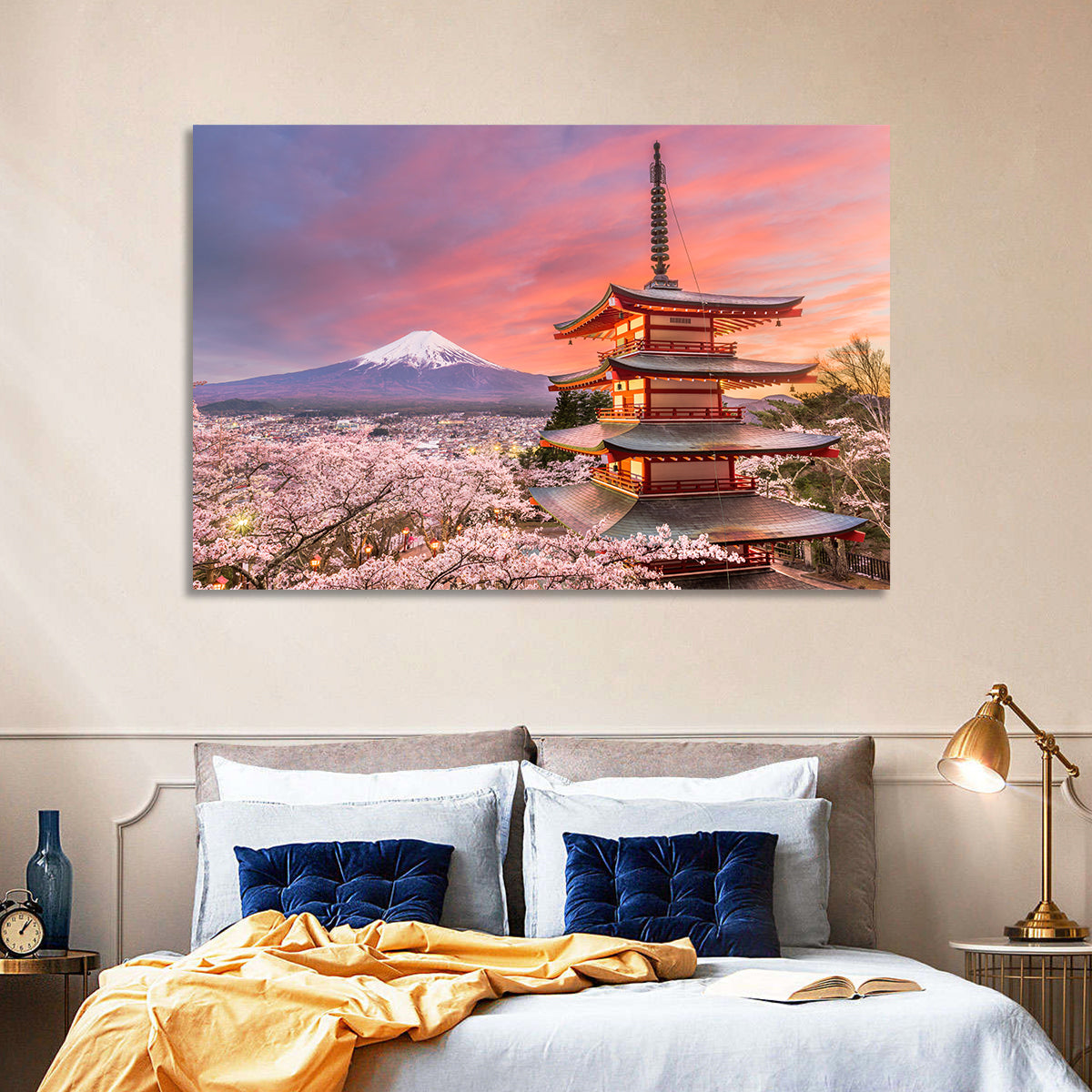 Chureito Pagoda and Mount Fuji at Sunset Wall Art in a room, landscape