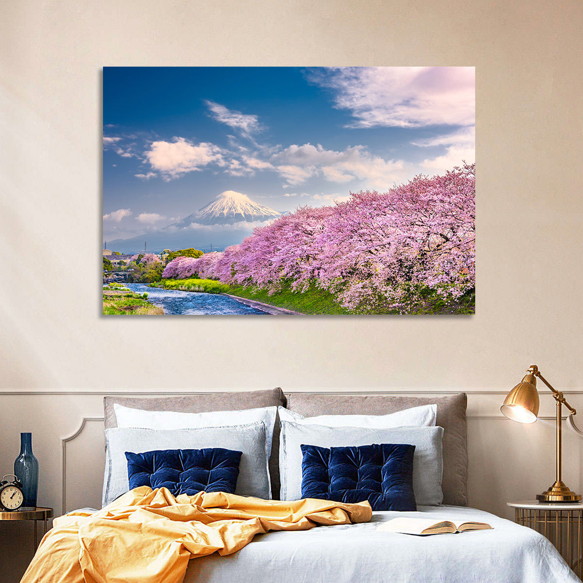 Mount Fuji Cherry Blossoms Wall Art in a room, landscape