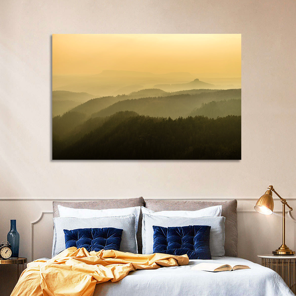 Misty Golden Ridge Landscape Wall Art in a room, landscape