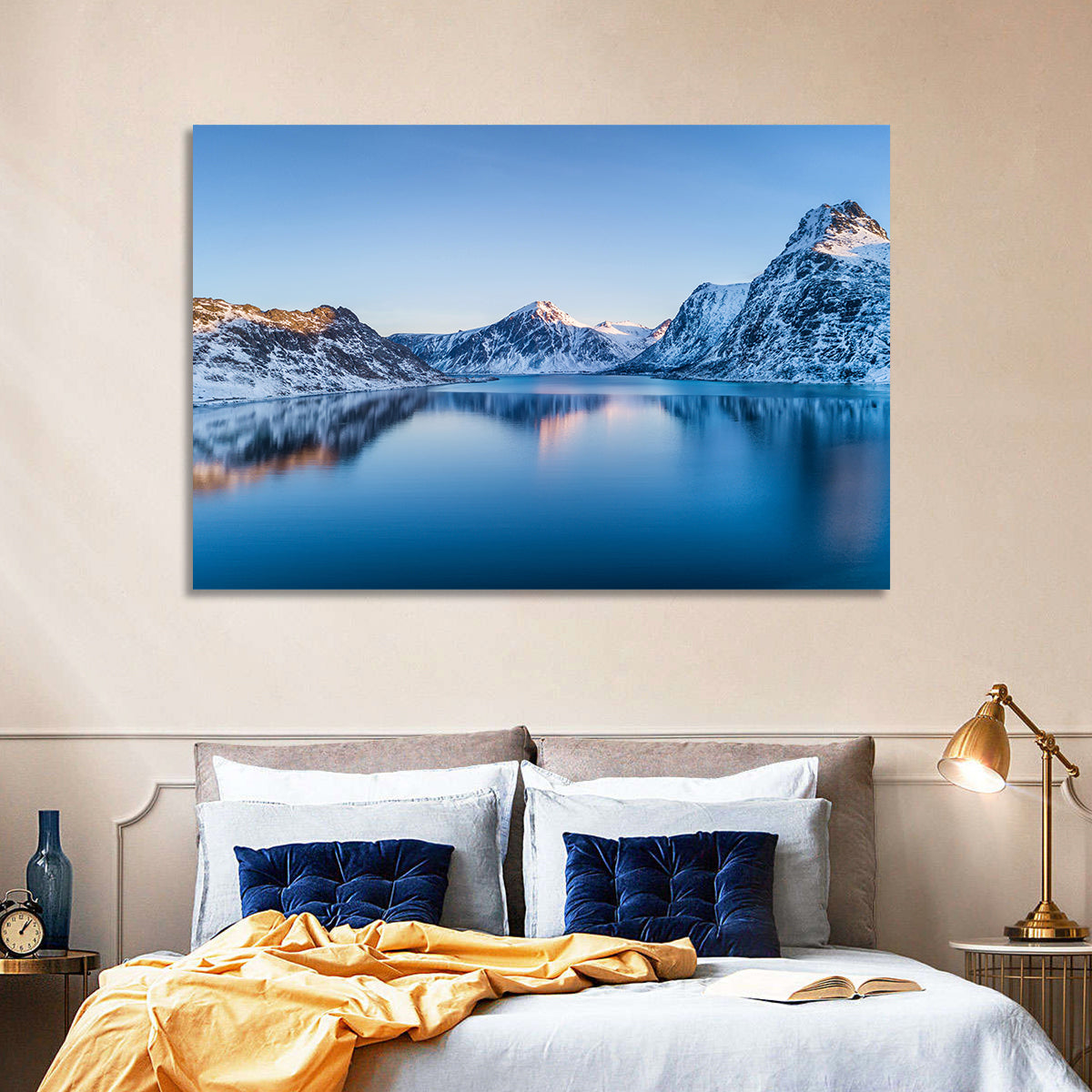 Snowy Lofoten Reflection Wall Art in a room, landscape