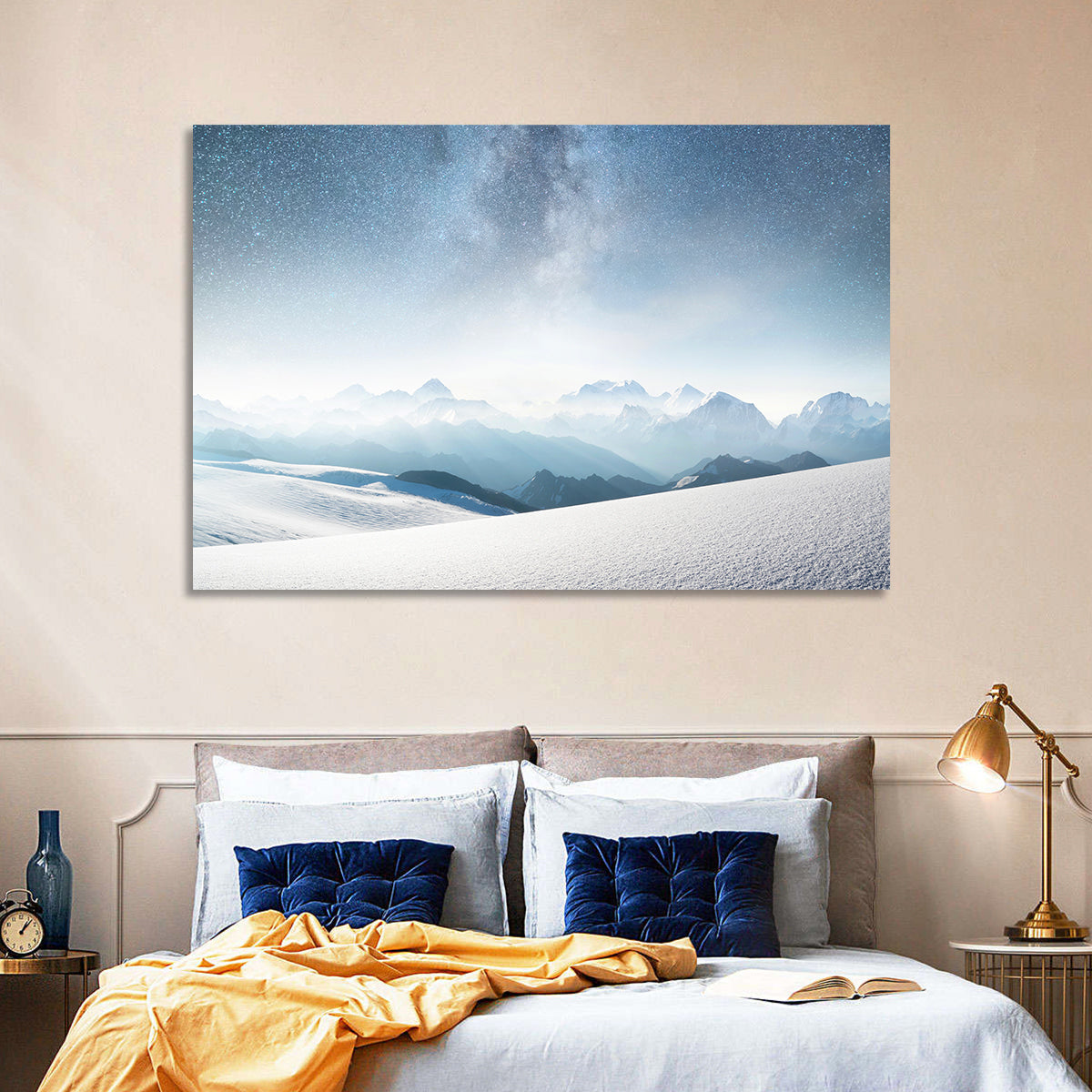 Starry Milky Way Over Snowy Peaks Wall Art in a room, landscape