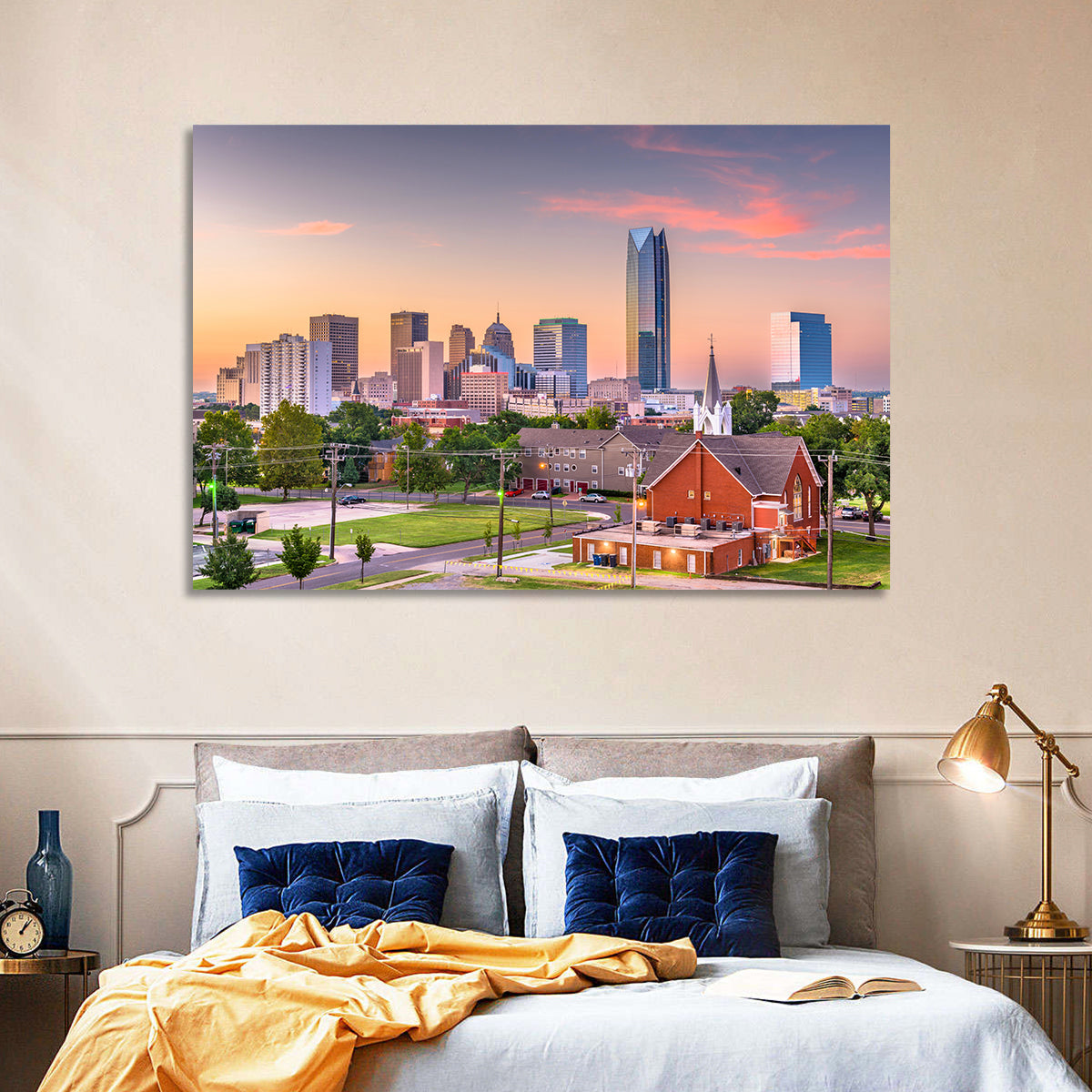 Oklahoma City Golden Hour Skyline Wall Art in a room, landscape