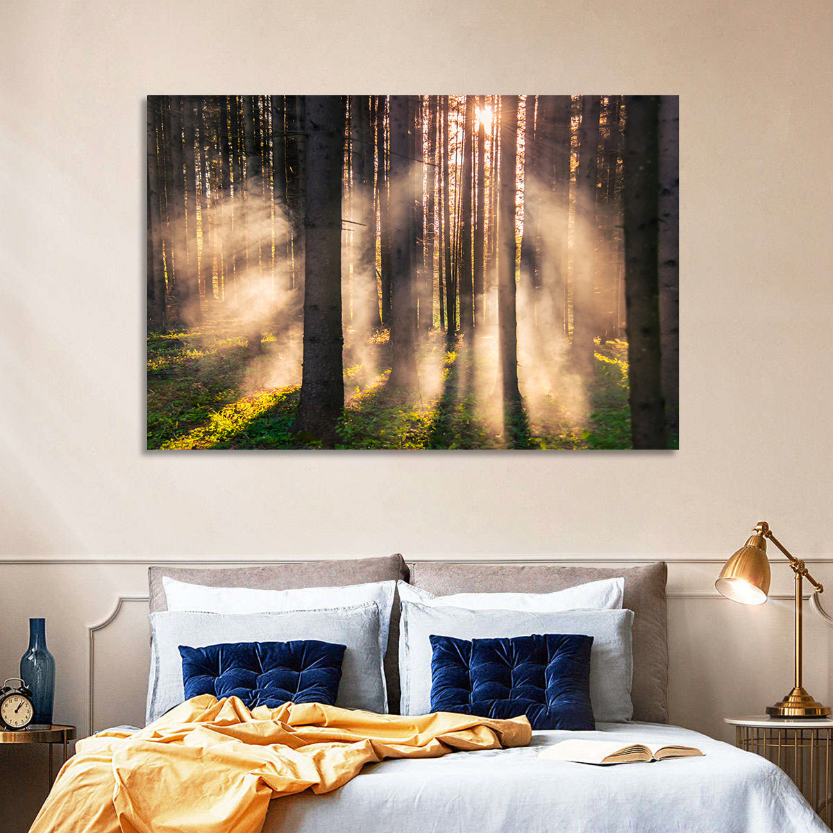 Sunrise Through Misty Forest Wall Art in a room, landscape