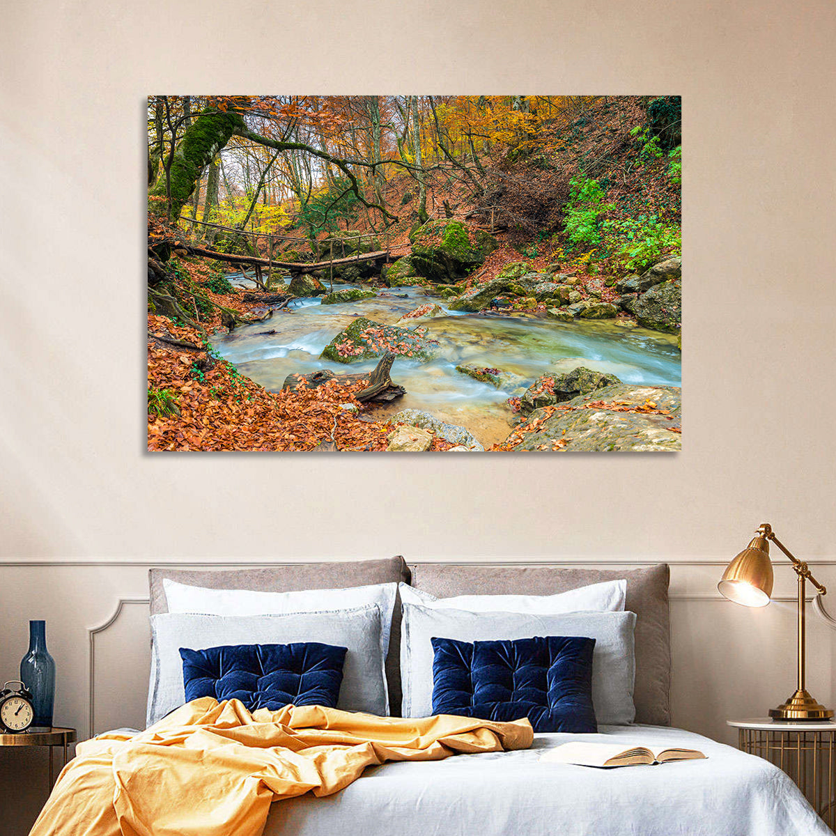 Mossy Footbridge in Autumn Forest Wall Art in a room, landscape