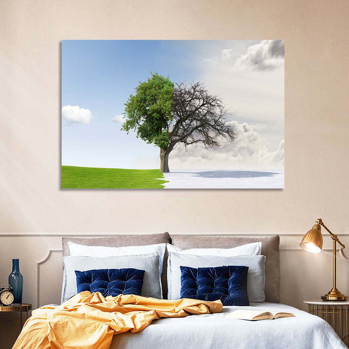 Summer to Winter Split Tree Wall Art in a room, landscape