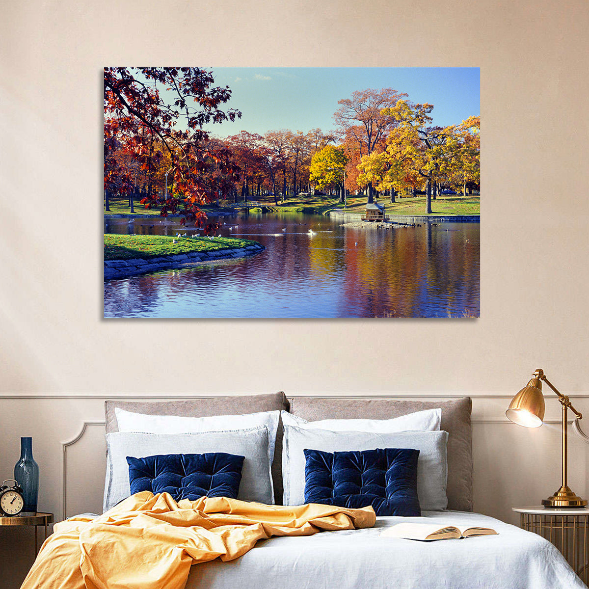 Deering Oaks Autumn Pond Wall Art in a room, landscape