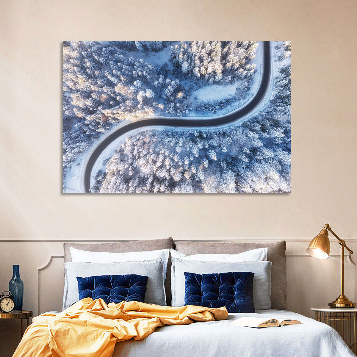 Winding Snow-covered Forest Road Wall Art in a room, landscape