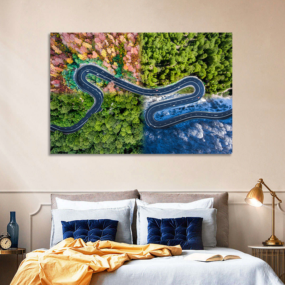 Four Seasons Winding Road Wall Art in a room, landscape