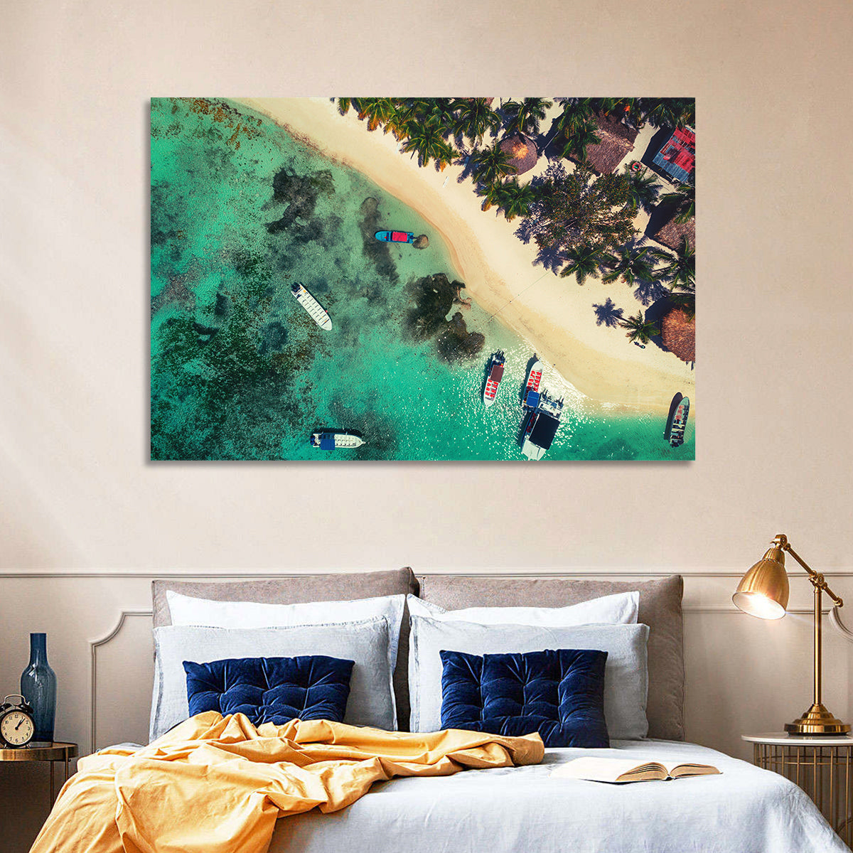Aerial Tropical Shoreline with Six Boats Wall Art in a room, landscape