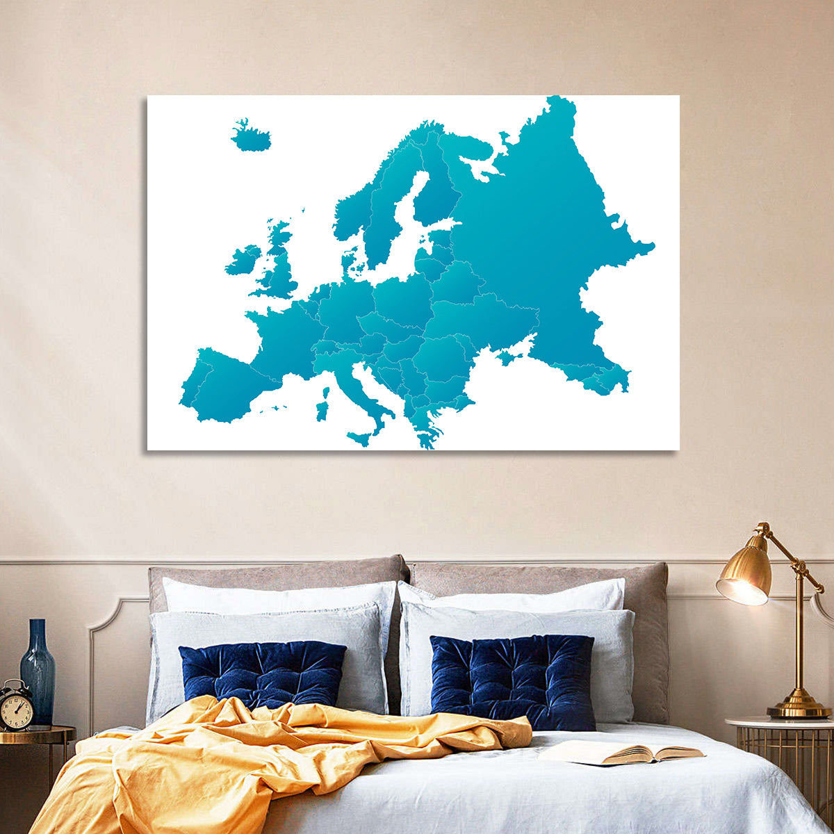 Teal Gradient Europe Map Wall Art in a room, landscape