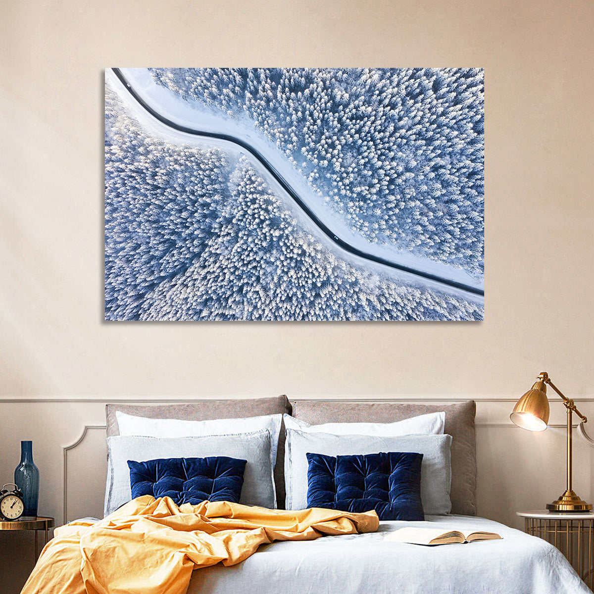 Winding Snowy Forest Road Wall Art in a room, landscape