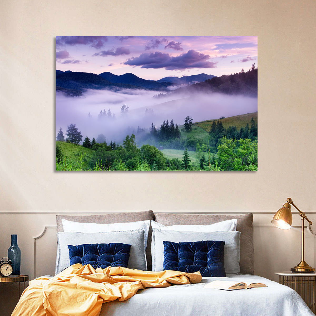 Misty Mountain Valley at Twilight Wall Art in a room, landscape