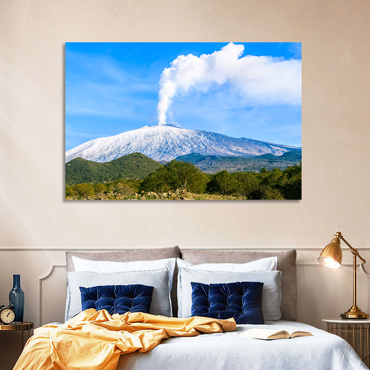 Snow-capped Mount Etna with Volcanic Plume Wall Art in a room, landscape