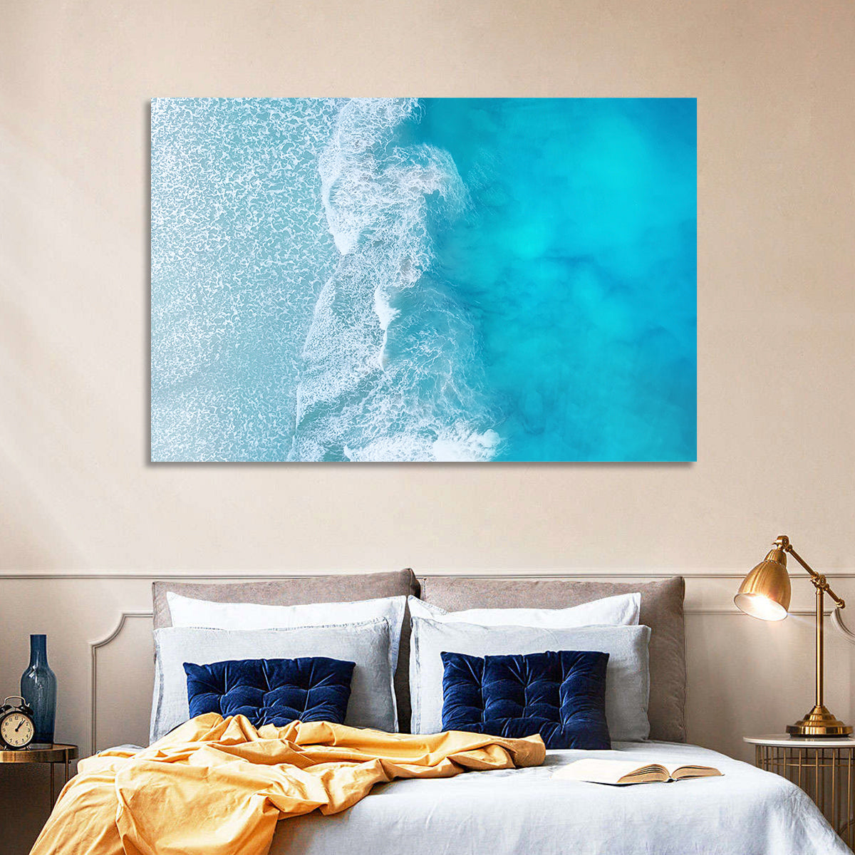 Turquoise Aerial Ocean Waves Wall Art in a room, landscape
