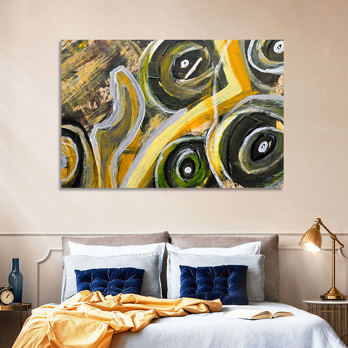 Impasto Swirl Circles in Yellow and Black Wall Art