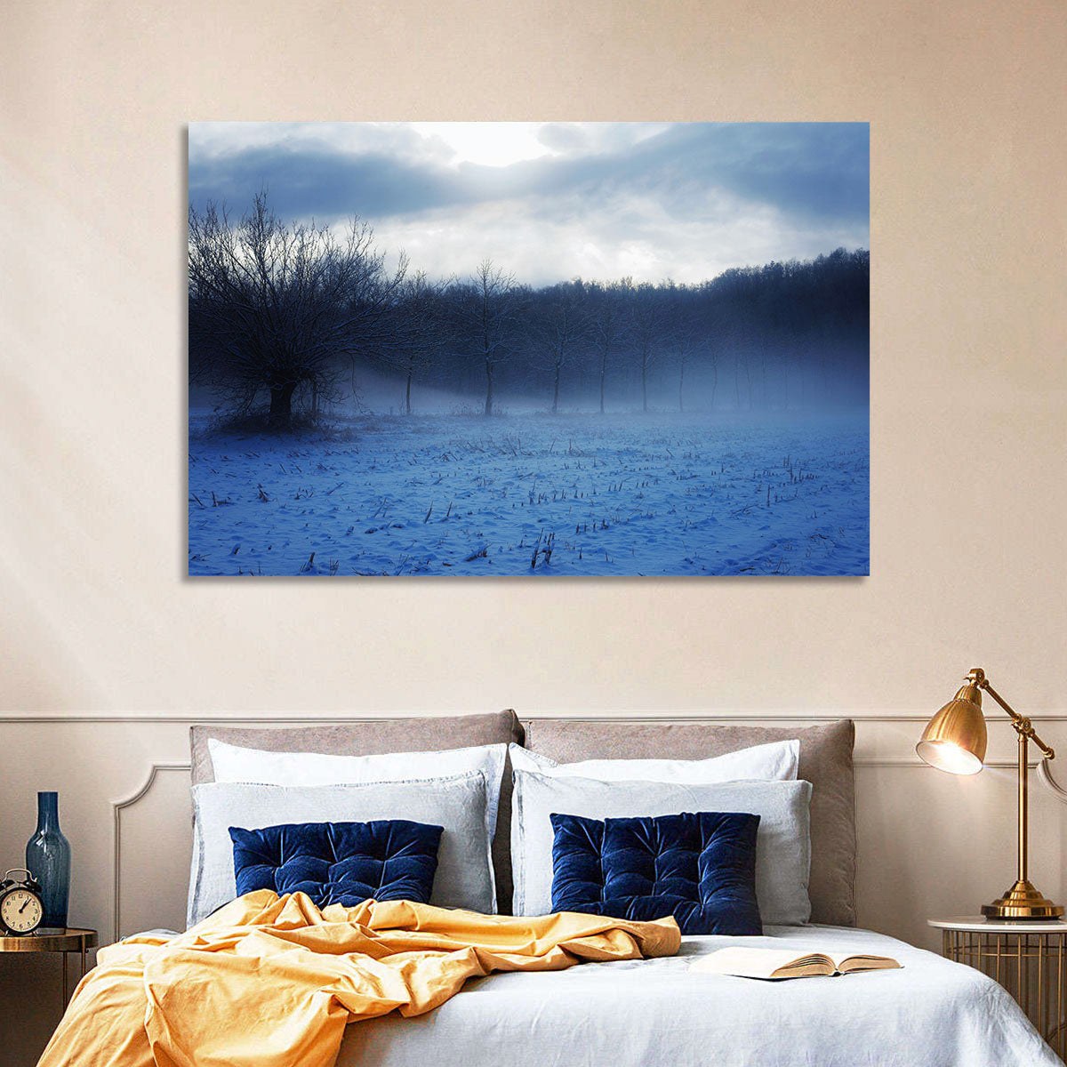 Snowy Italian Countryside Wall Art in a room, landscape