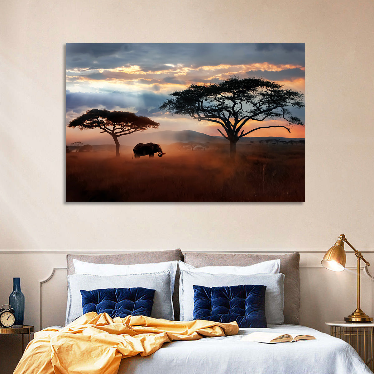 Savanna Elephant at Sunset Wall Art in a room, landscape