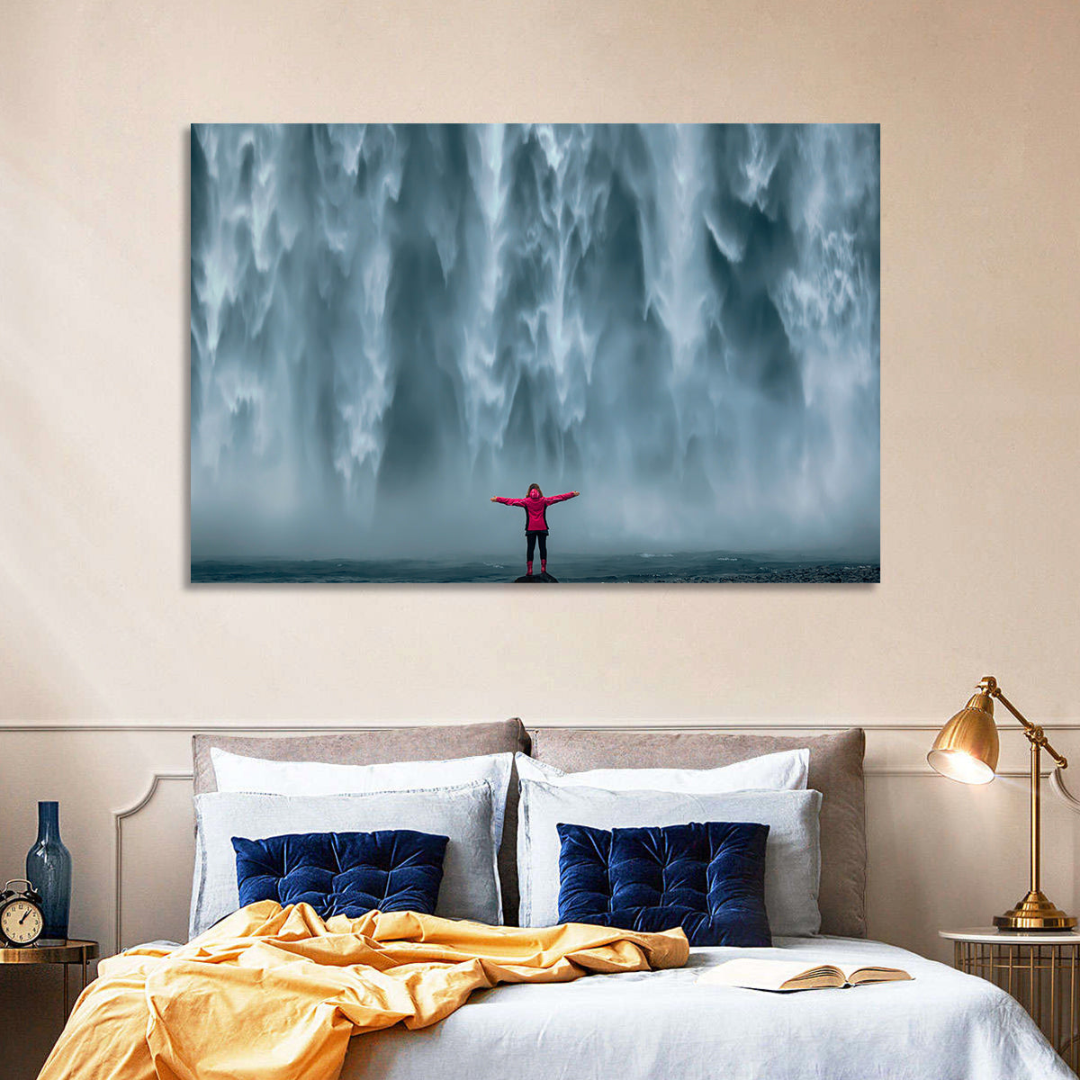 Skogafoss Waterfall with Figure in Pink Wall Art in a room, landscape