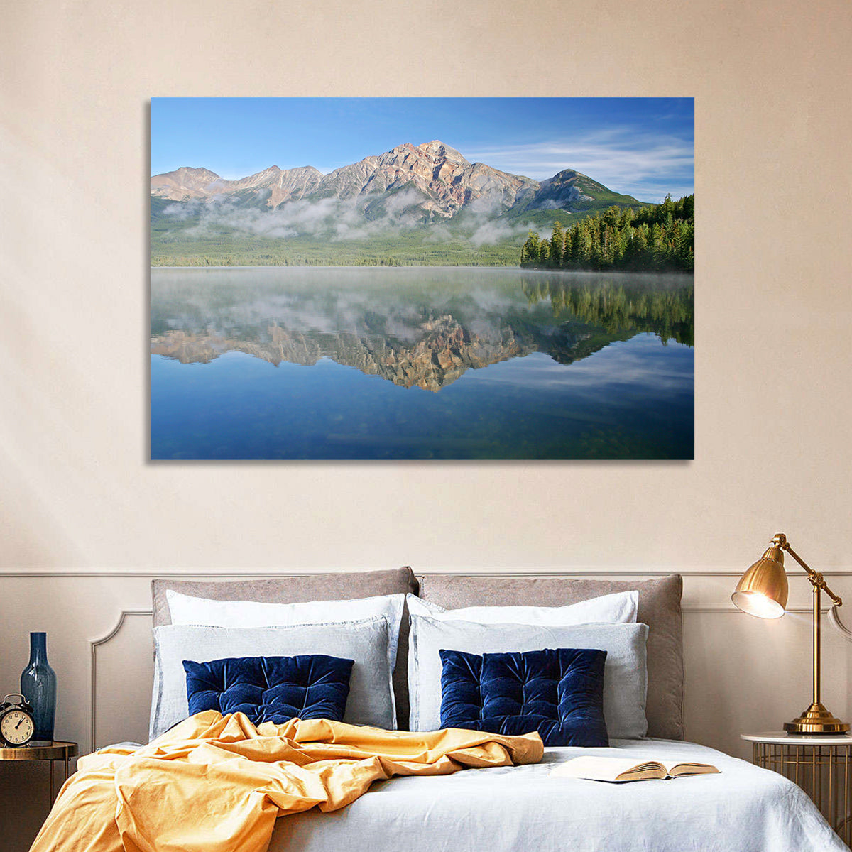 Pyramid Mountain Reflection Wall Art in a room, landscape