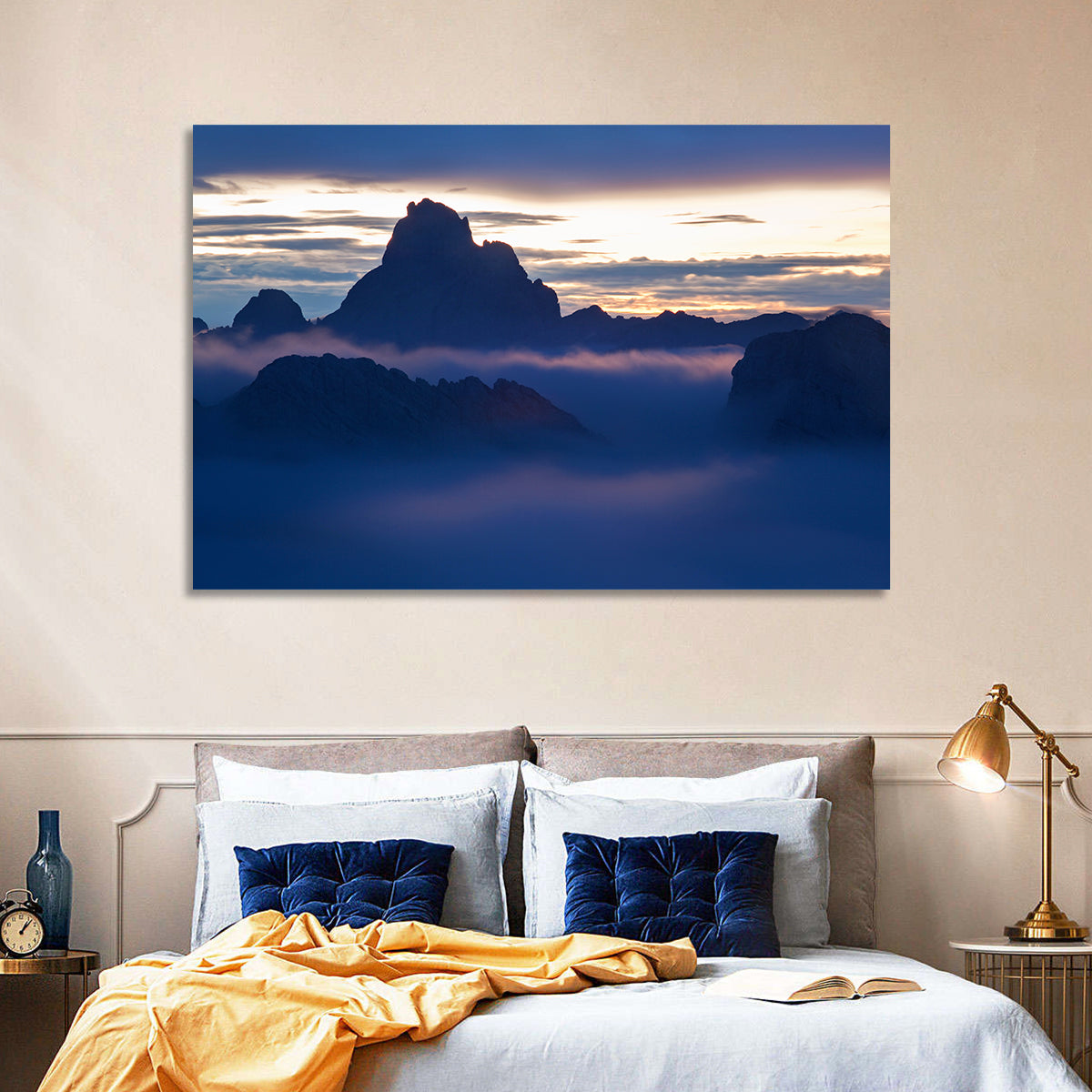 Dolomites Sunrise Silhouette Wall Art in a room, landscape