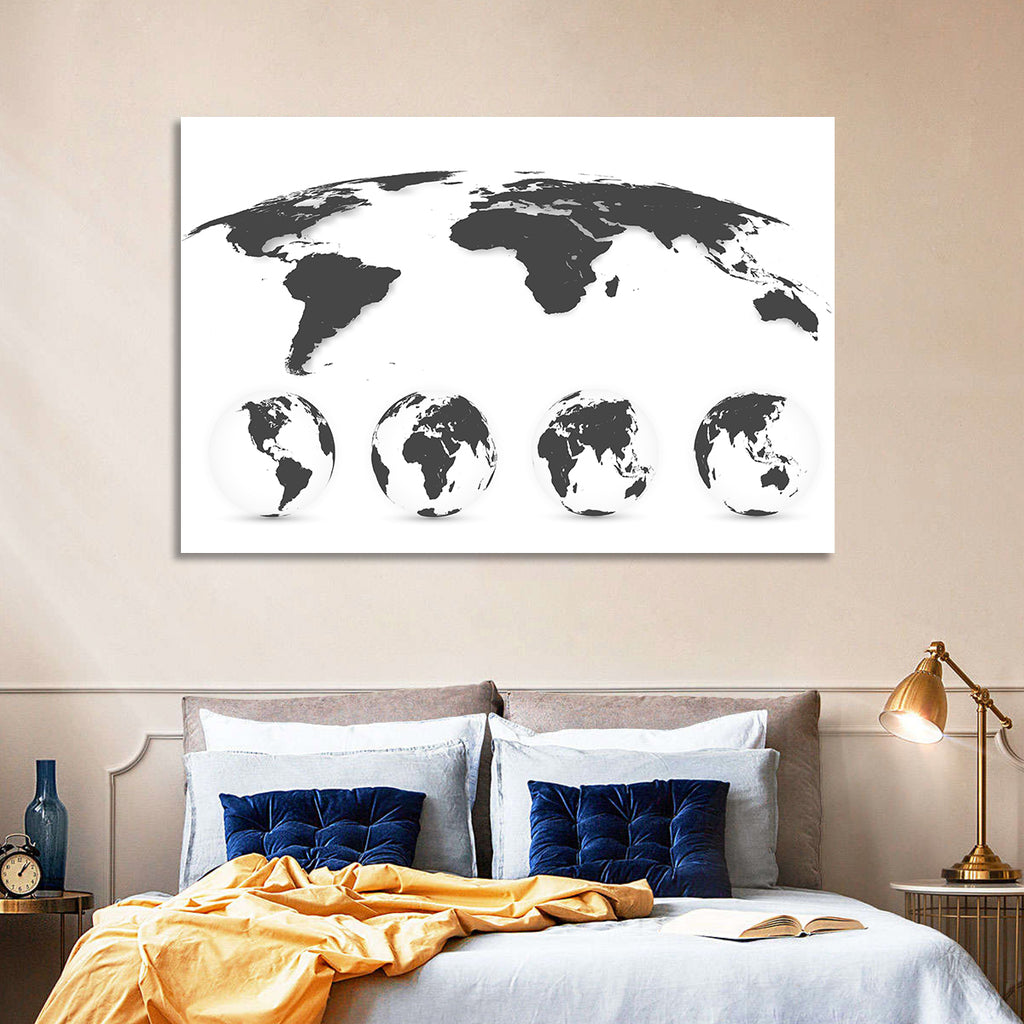 Stylized World Map and Globe Icons Wall Art