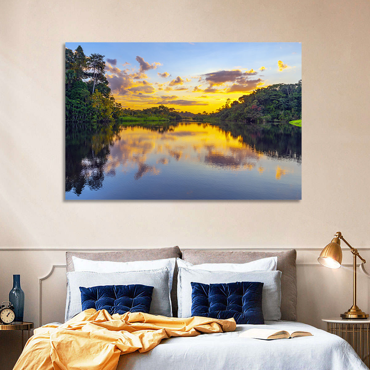 Amazon River Sunset Reflection Wall Art in a room, landscape
