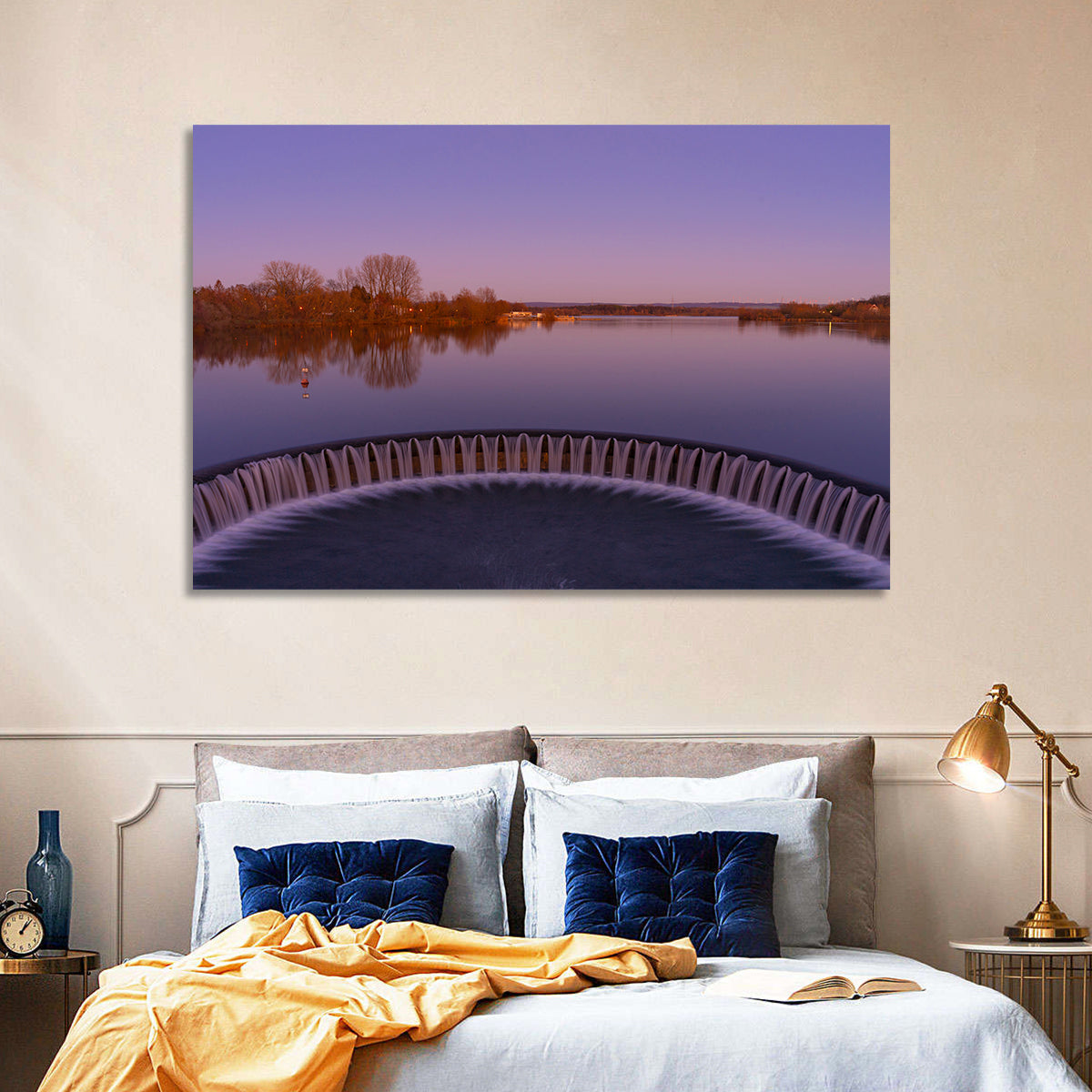 Circular Weir at Dusk Wall Art in a room, landscape