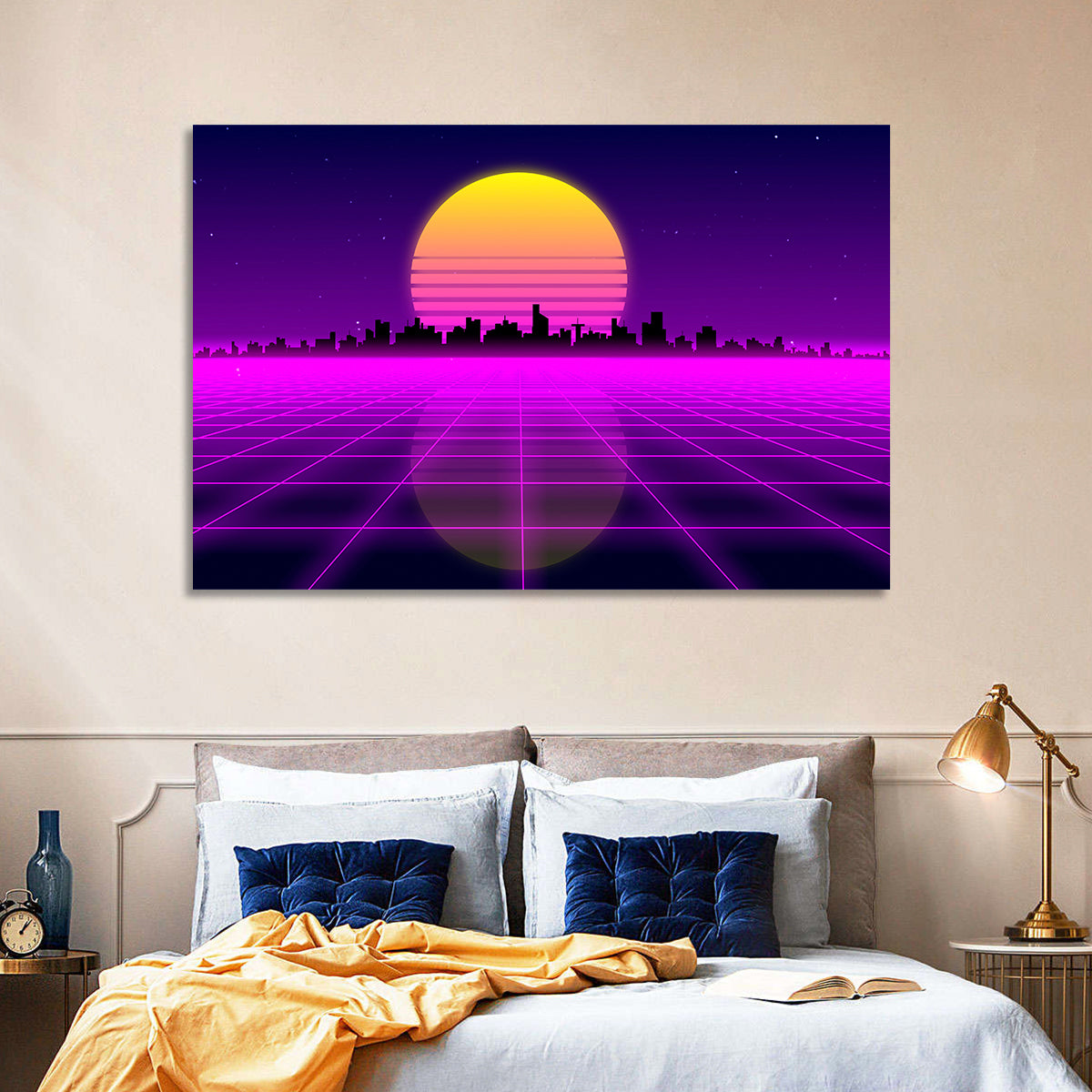 Neon Sunrise Skyline Wall Art in a room, landscape