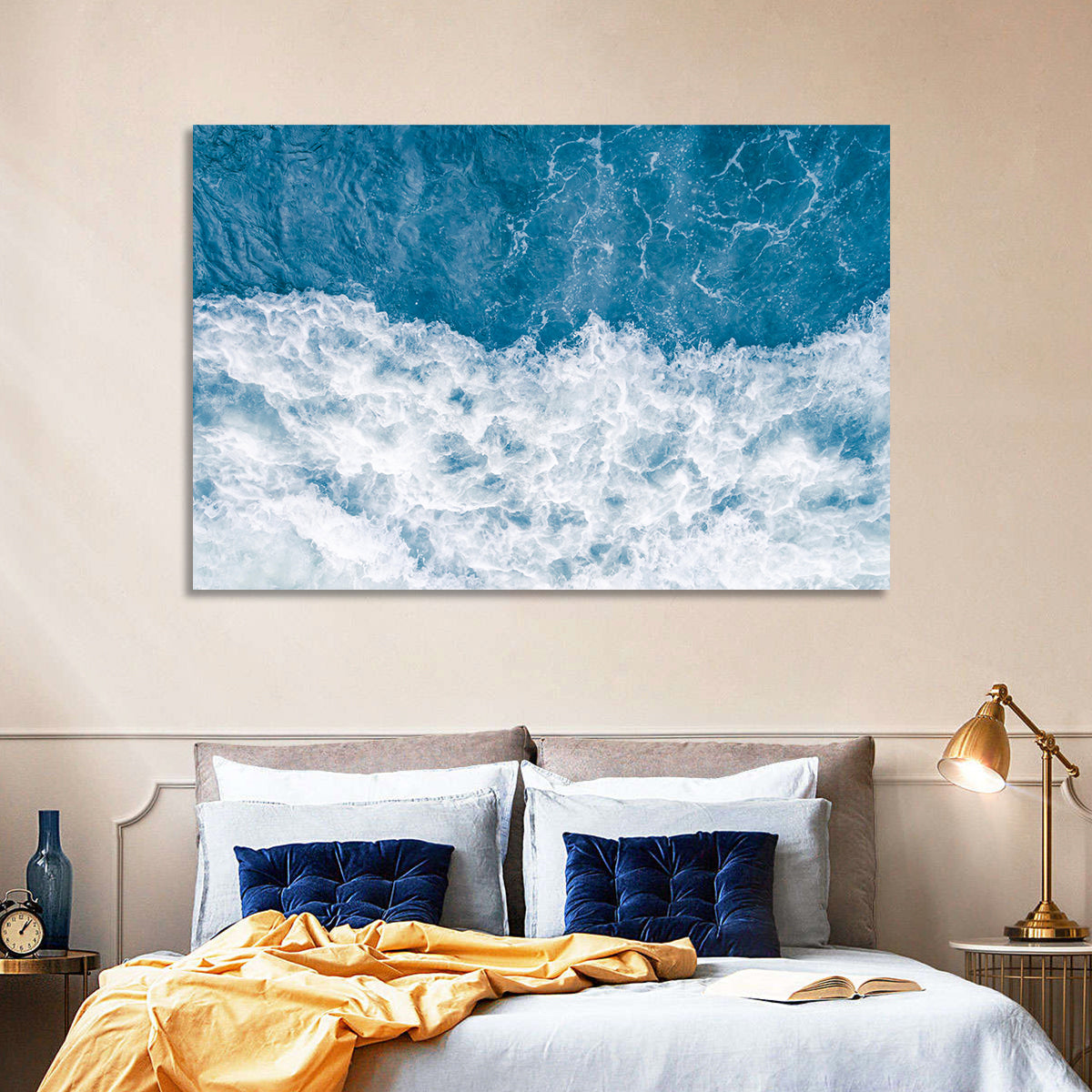 Stormy Blue Sea Wave Wall Art in a room, landscape
